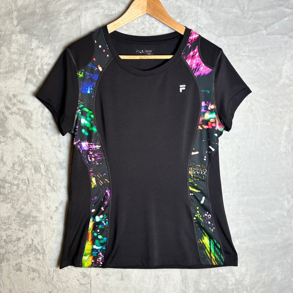 Fila Sport Womens Black Neon Abstract Print Activewear Short Sleeve Top Large